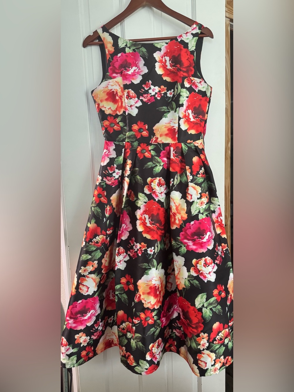 Chicwish Black Floral Midi Dress with Red, Pink & Cream Blooms